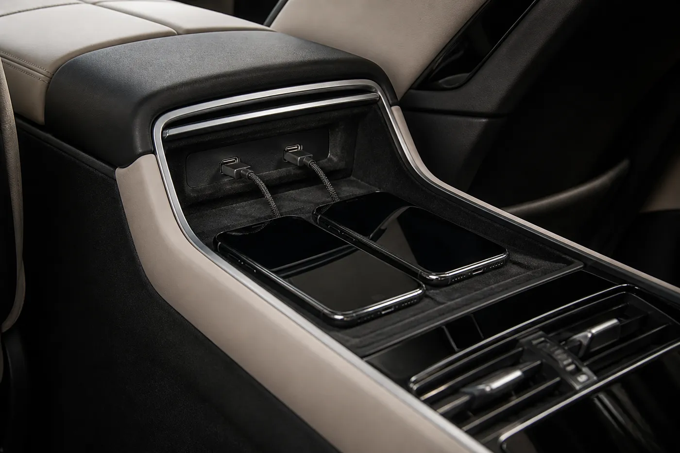 Charging points and controls set into the rear armrest