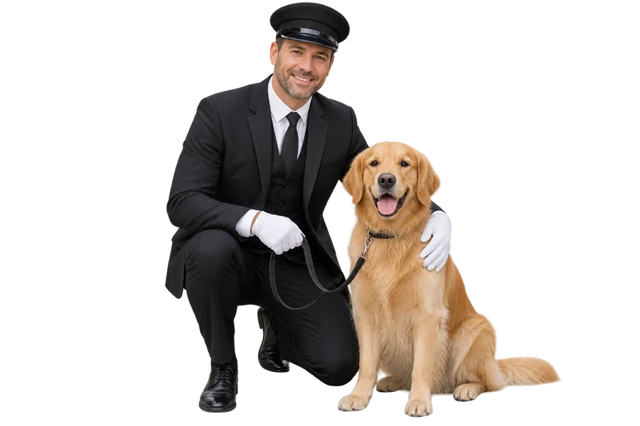 A chauffeur settling a passenger's dog into the car for a private journey